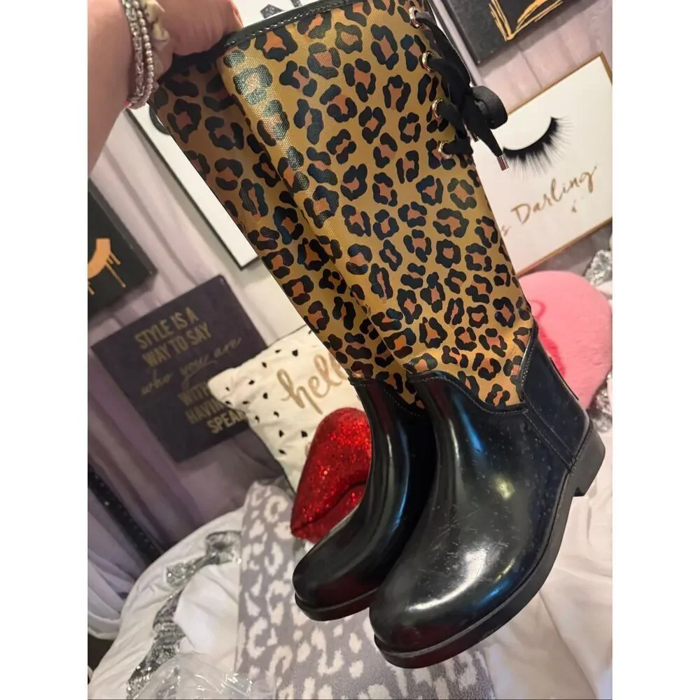 Sz 7.5/38 EUR Coach tristee lace up leopard animal print rain snow boots
